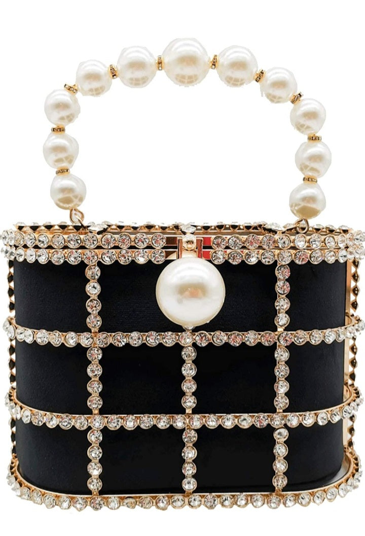 Black Evening Pearl and Rhinestone Handbag